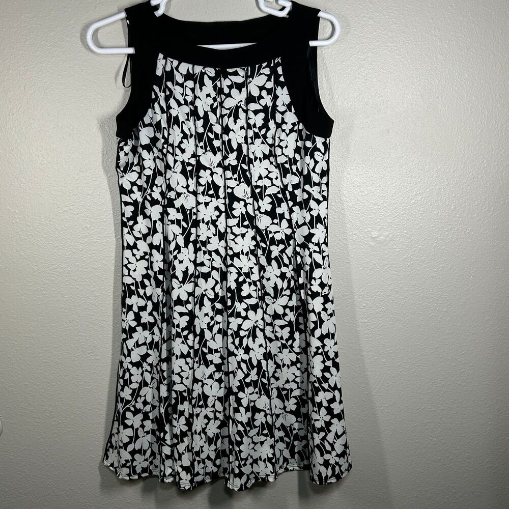 Perceptions New York Dress Womens L Black White Floral Sleeveless Pleated ALine